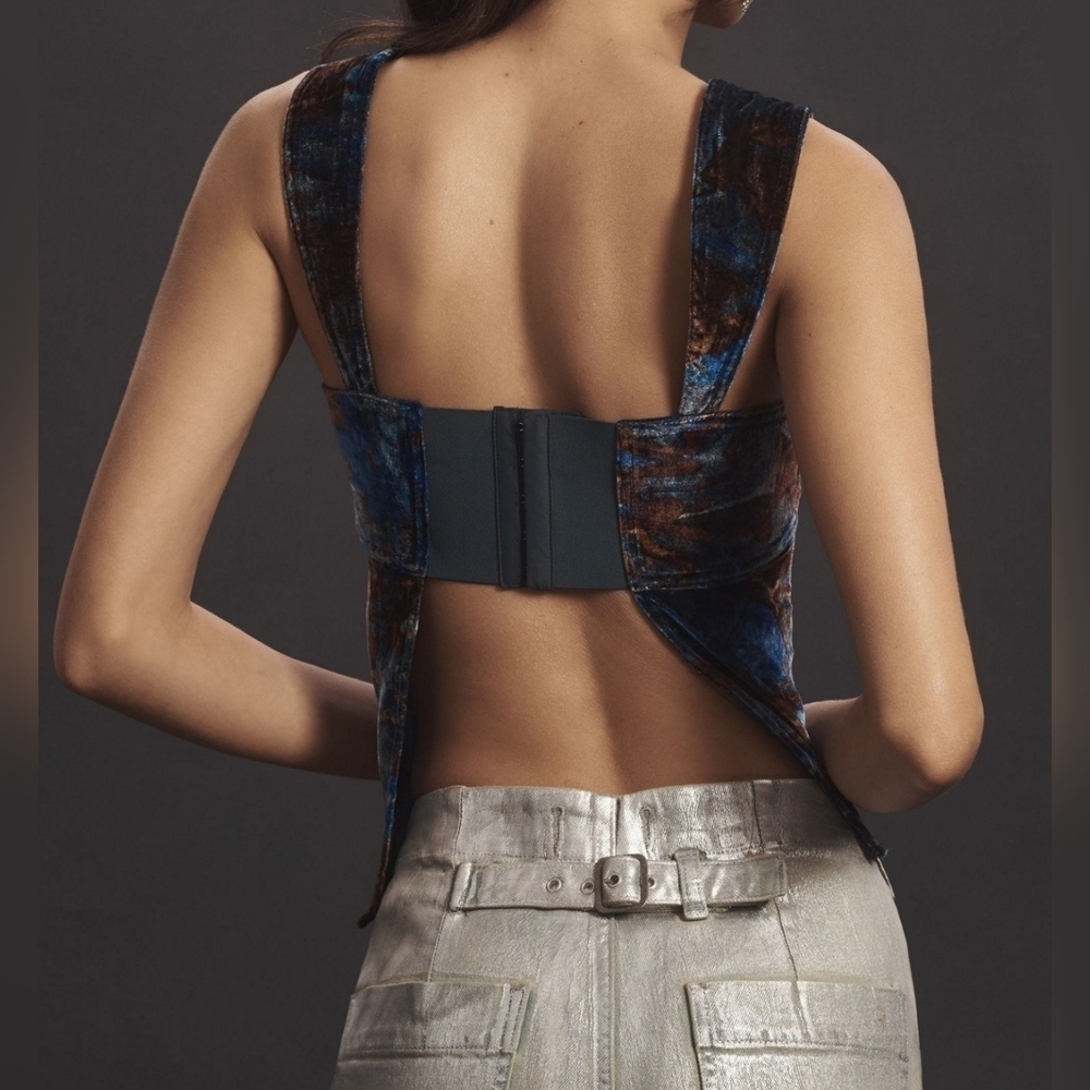 Pilcro by Anthropologie Velvet Flyaway Open Back Tank Top, Blue Brown Pattern, L - Picture 6 of 14